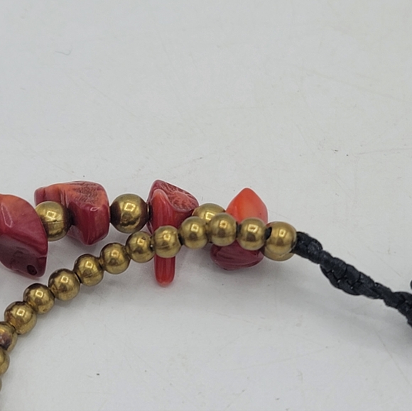 Coral Color Red Stone Chip Anklet Double Strand Gold Tone Beads Jingle Bells 11" - Picture 10 of 11